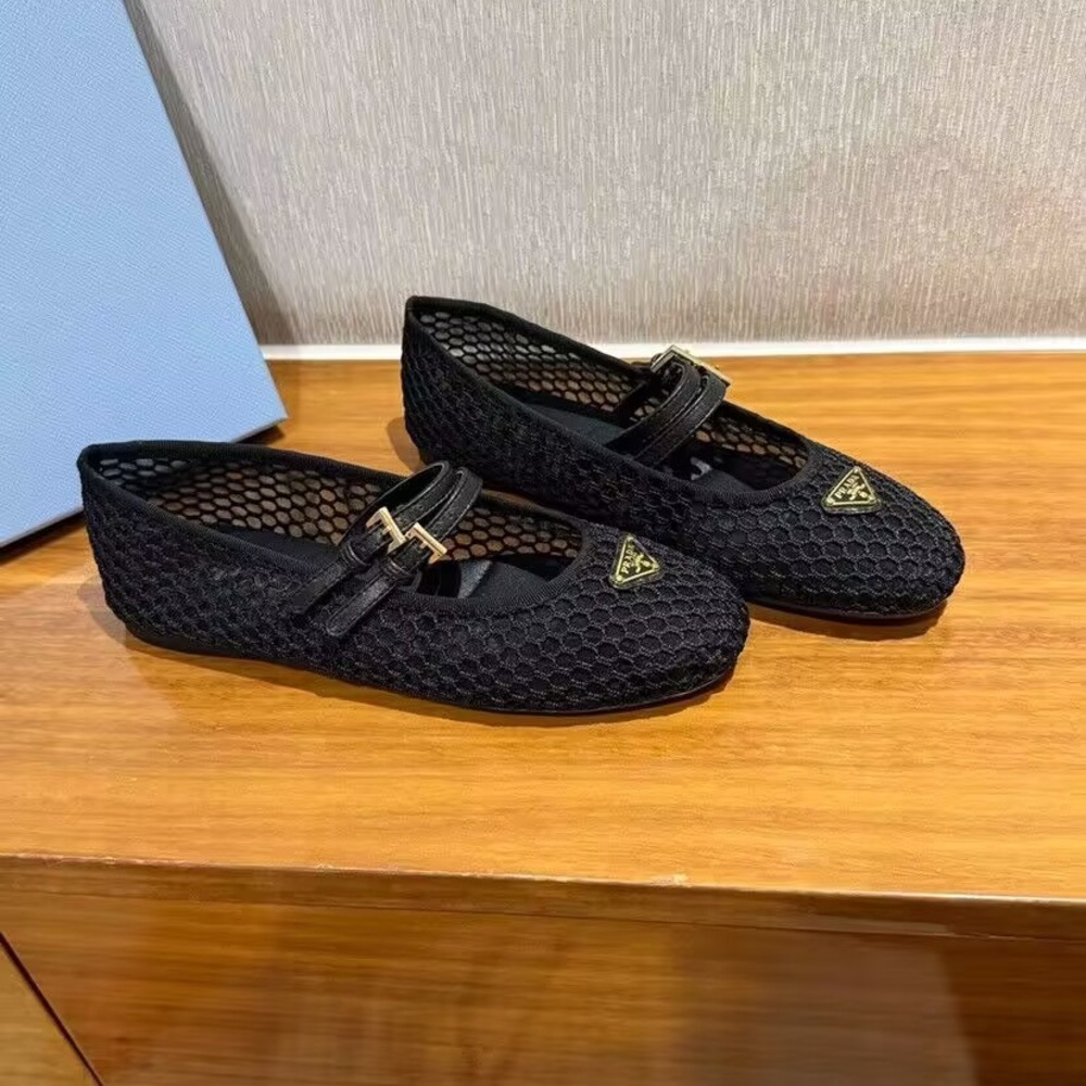 Women's Prada Black Mesh Knit Triangle Logo Mary Jane Flats - Picture 2 of 4